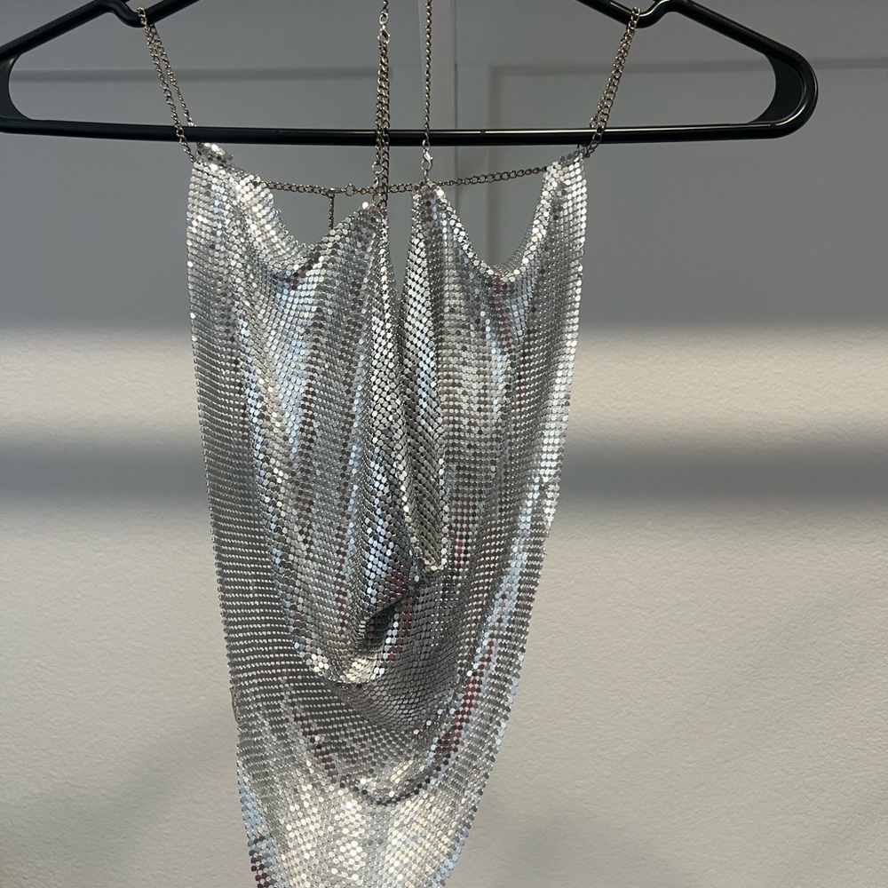 White Fox Boutique Silver Chainmail Crop Top